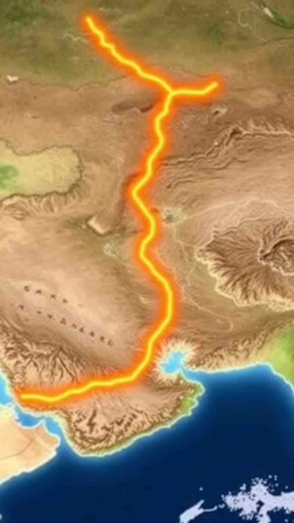 Silk Road route line arcing across Central Asia